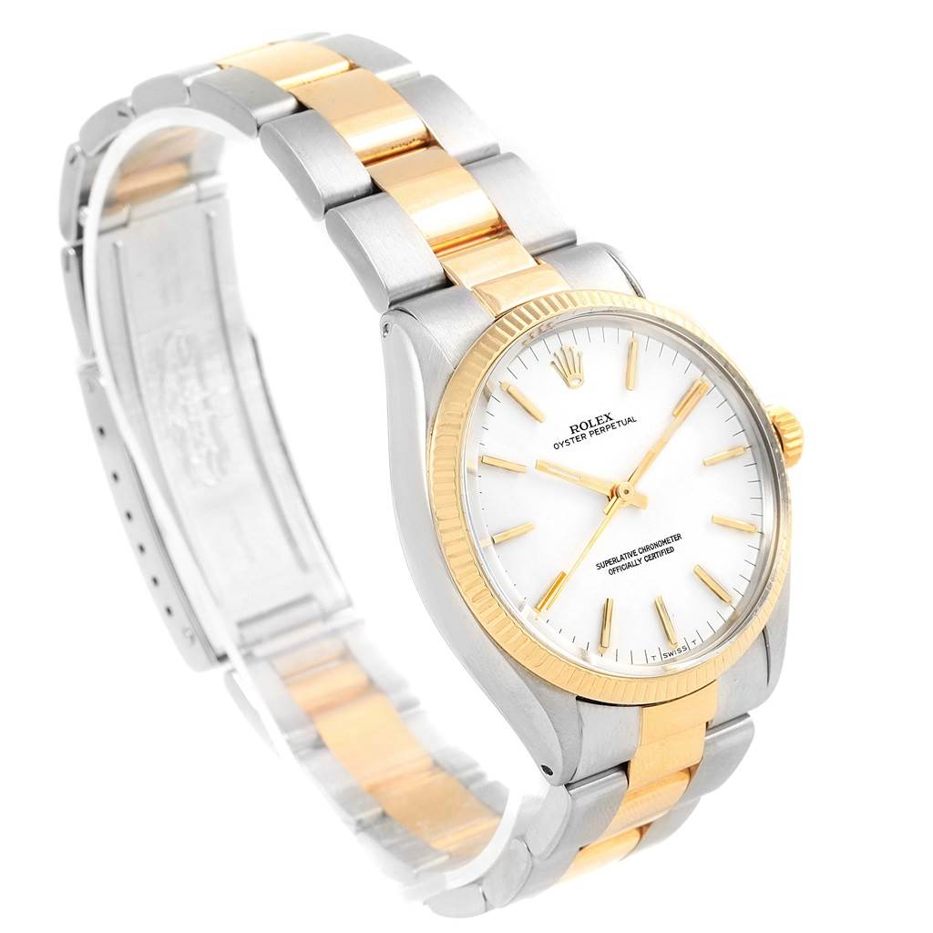 The Rolex Vintage Collection 1005 Men's Steel and Gold (two tone) White Dial 1005 Men's Steel and Gold (two tone) White Dial watch is shown at a three-quarter angle, displaying the face, bezel, crown, and two-tone bracelet.