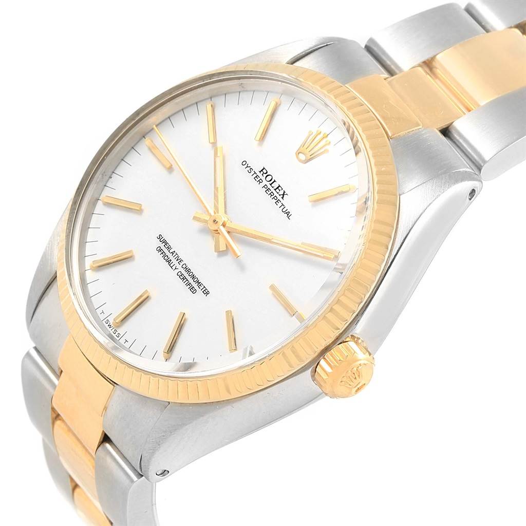 This image shows a close-up angled view of the Vintage Collection Rolex watch, highlighting its face, bezel, and part of the bracelet.