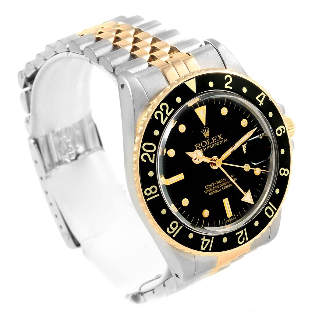 The image shows a Rolex Vintage Collection 16753 Men's Stainless Steel Black Dial 16753 Men's Stainless Steel Black Dial watch at an angled side view, highlighting its two-tone metal bracelet, black bezel, and black dial.