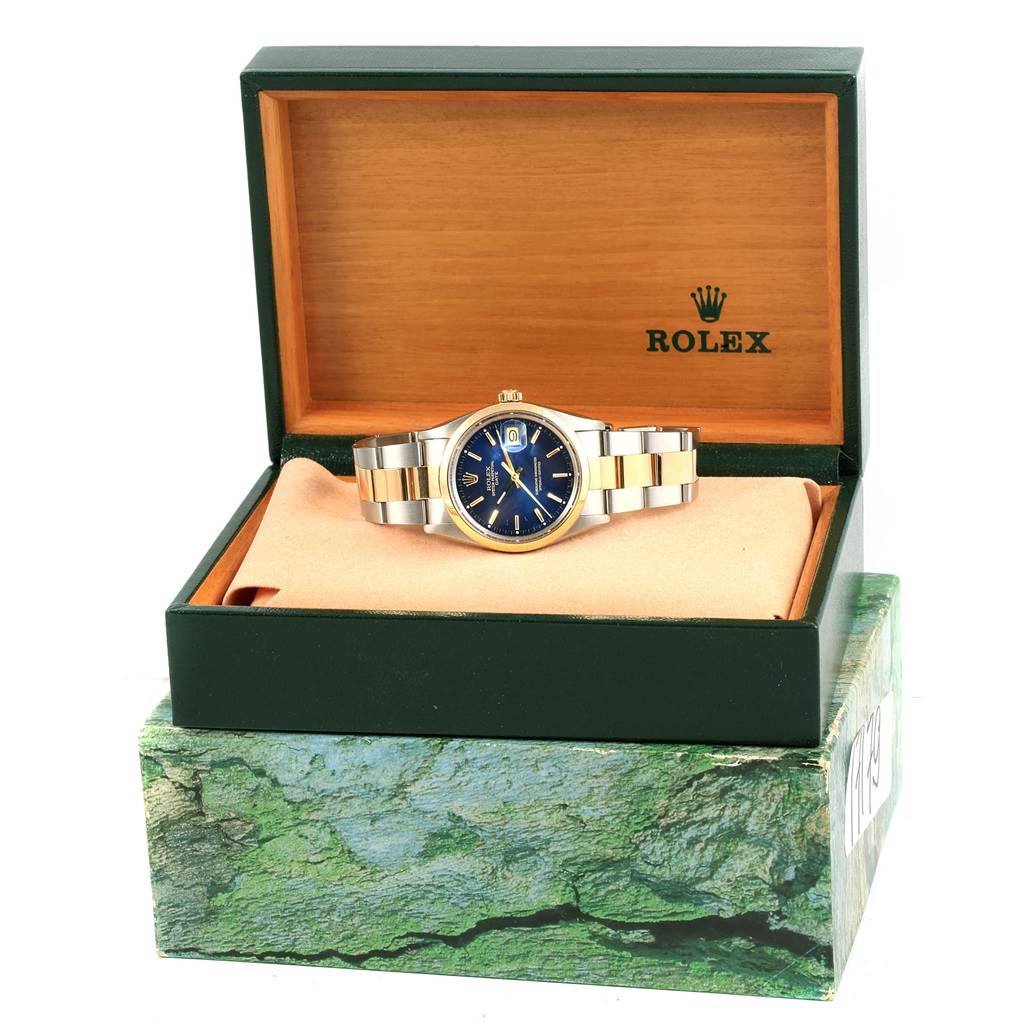 The Rolex Vintage Collection 15003 Men's Steel and Gold (two tone) Blue Dial 15003 Men's Steel and Gold (two tone) Blue Dial watch is displayed in its open green box, showing the dial, bezel, and bracelet from a front angle.