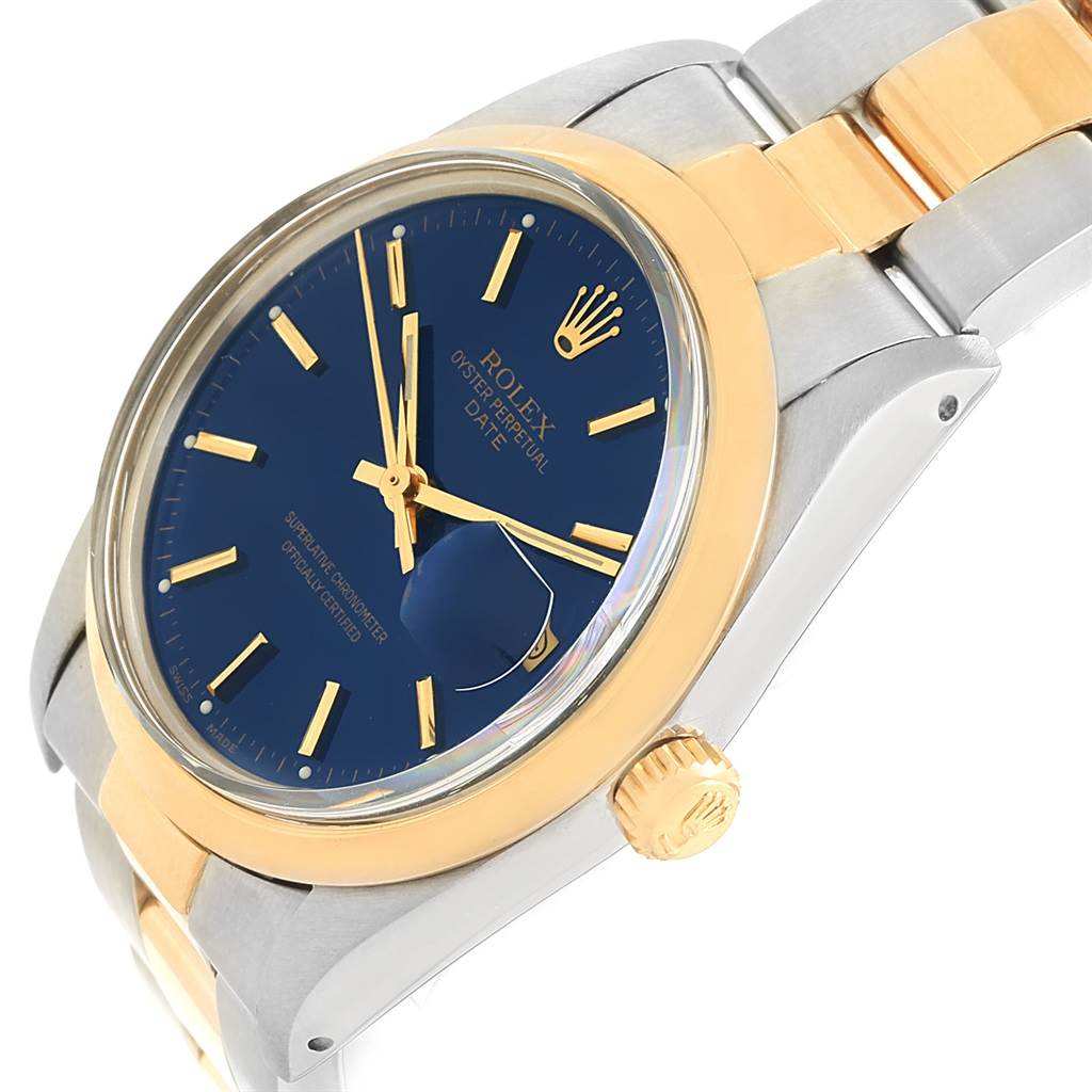 The image shows a close-up, angled view of the Rolex Vintage Collection 15003 Men's Steel and Gold (two tone) Blue Dial 15003 Men's Steel and Gold (two tone) Blue Dial watch, featuring the crown, bezel, dial, and bracelet.