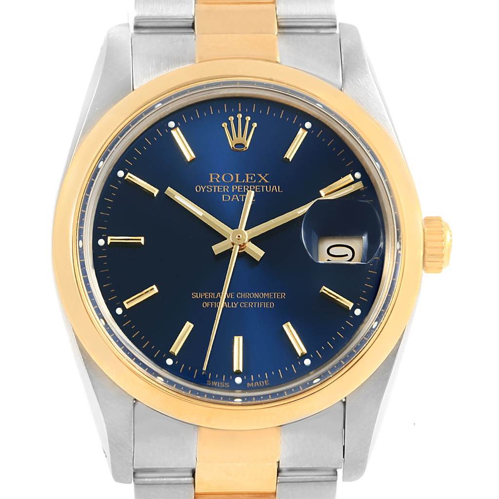 The watch face of the Rolex Vintage Collection 15003 Men's Steel and Gold (two tone) Blue Dial 15003 Men's Steel and Gold (two tone) Blue Dial model is shown with a blue dial, gold markers, date window, and a two-tone bracelet.