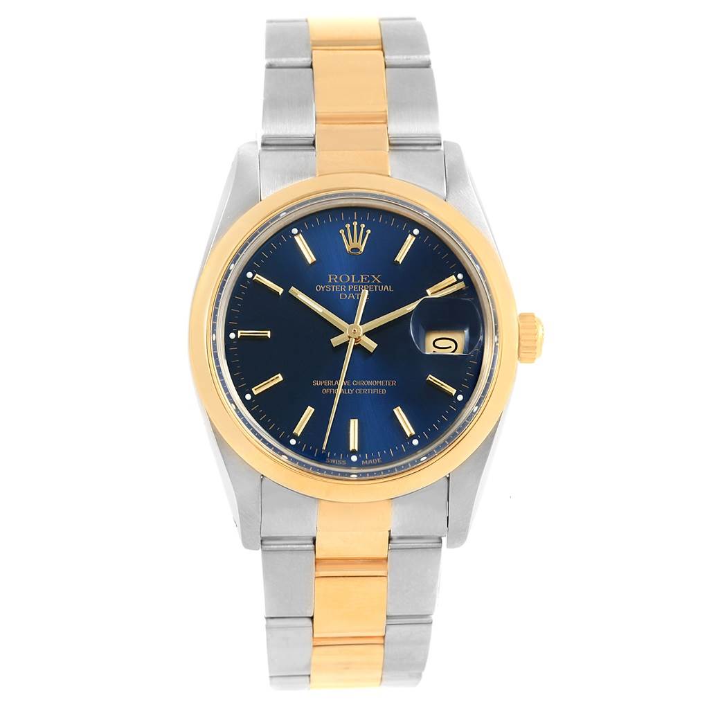 This image shows a front view of the Rolex Vintage Collection 15003 Men's Steel and Gold (two tone) Blue Dial 15003 Men's Steel and Gold (two tone) Blue Dial watch, featuring a blue dial, gold bezel, and two-tone bracelet.