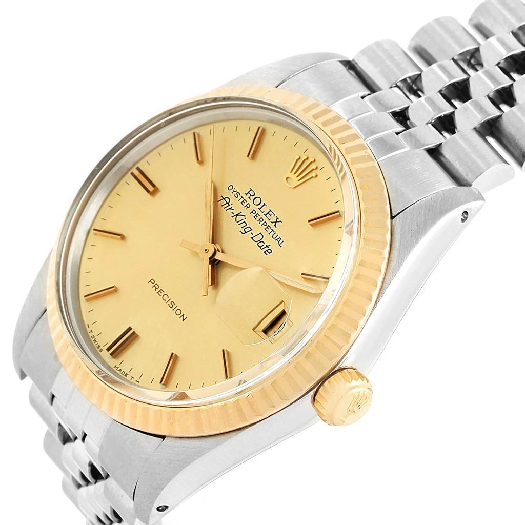 This image shows the Rolex Vintage Collection 5701 Men's Steel and Gold (two tone) Champagne Dial 5701 Men's Steel and Gold (two tone) Champagne Dial model from an angled perspective, highlighting its dial, bezel, crown, and part of the bracelet.
