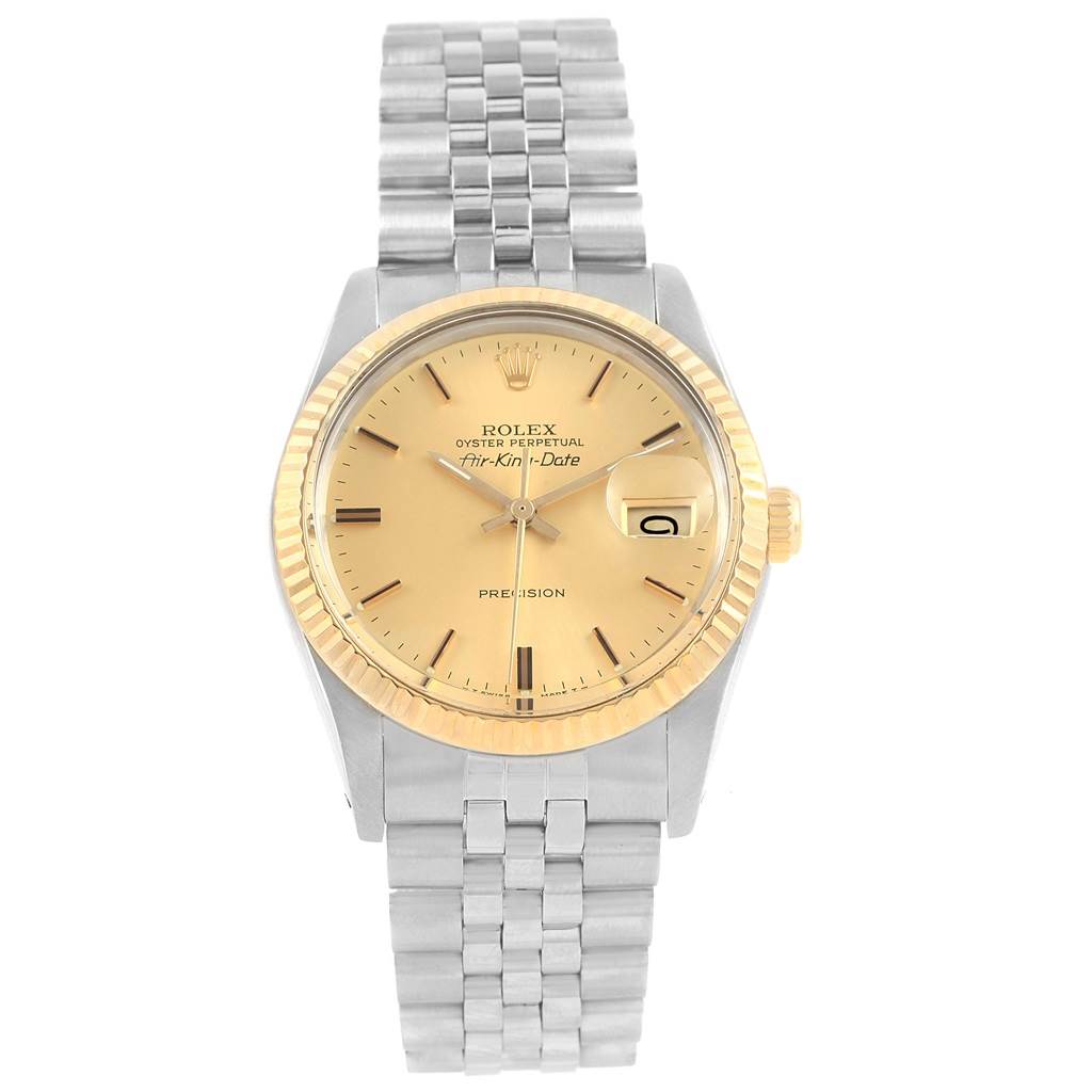 This image shows a frontal view of a Vintage Collection Rolex Oyster Perpetual Air-King-Date watch, featuring a metal bracelet and a date display.
