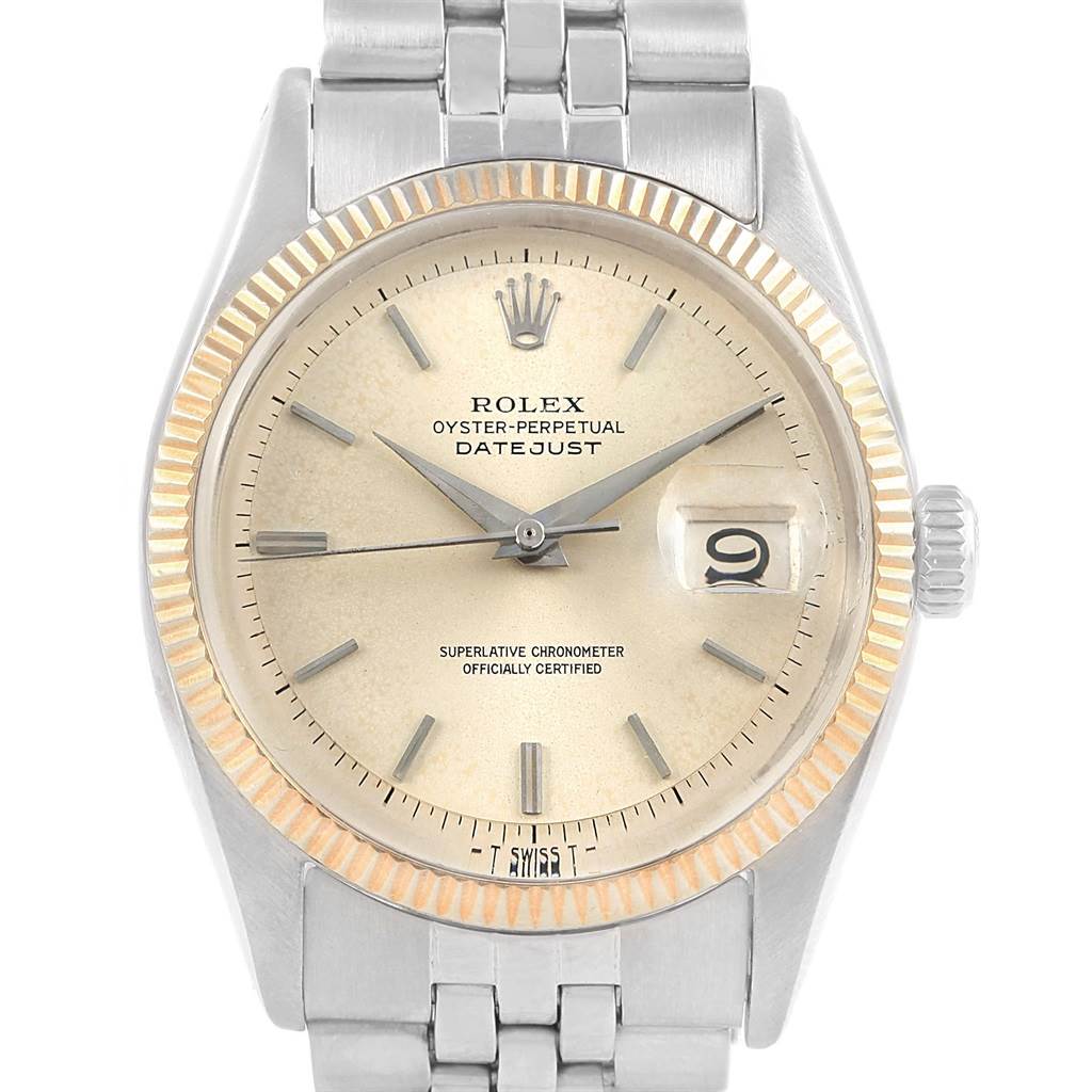 This Vintage Collection Rolex Datejust is shown from a front angle, displaying the face, bezel, crown, and part of the bracelet.