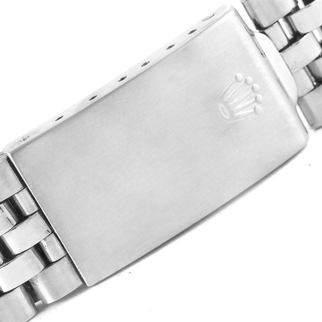 This image shows the stainless steel clasp of a Rolex Vintage Collection 6605 Men's Stainless Steel Silver Dial 6605 Men's Stainless Steel Silver Dial watch, featuring the Rolex logo.