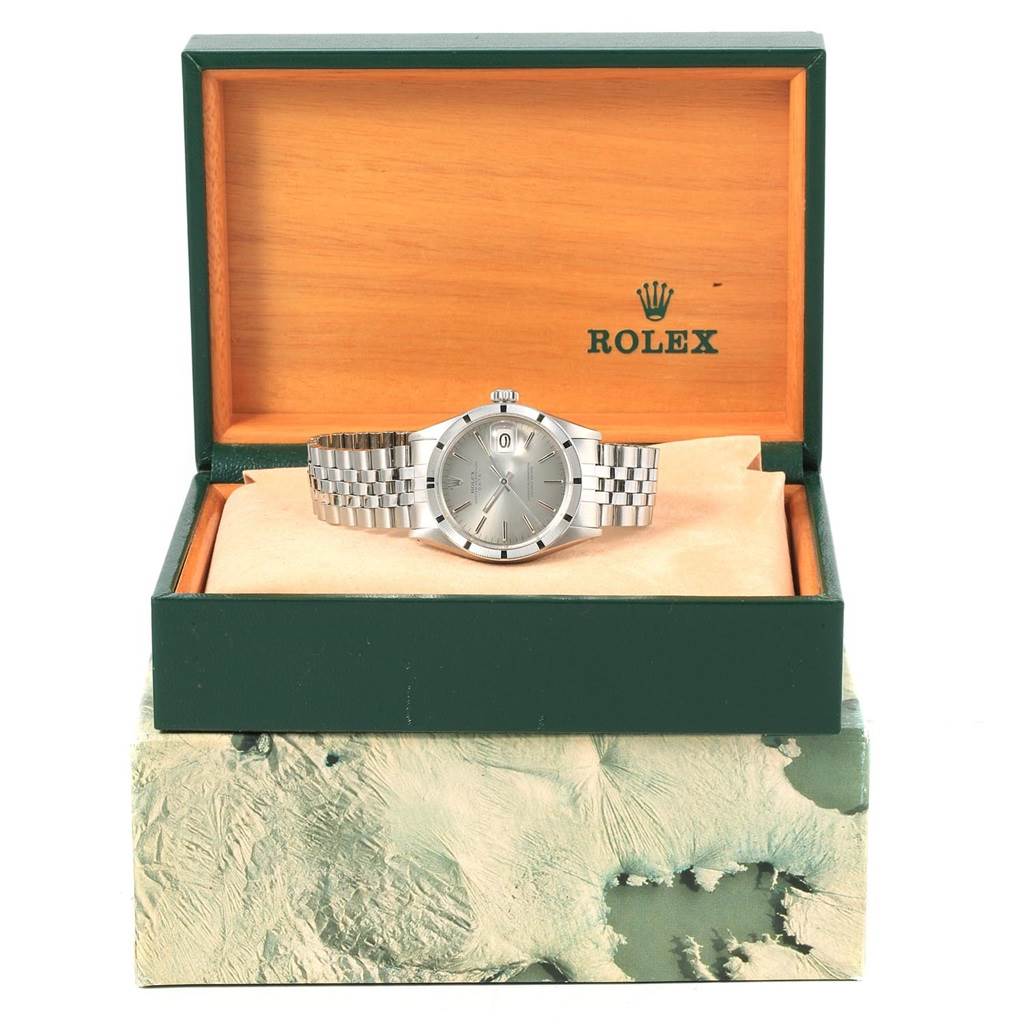 This image shows the Rolex Vintage Collection 1501 Stainless Steel Silver Dial 1501 Stainless Steel Silver Dial watch at a front angle, with the watch inside its open box displaying the band and face.