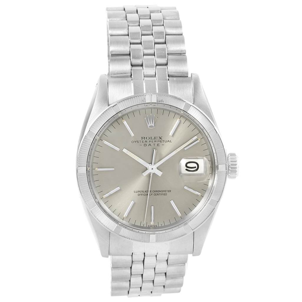 The image shows a front view of the Rolex Vintage Collection 1501 Stainless Steel Silver Dial 1501 Stainless Steel Silver Dial watch, featuring its dial, bracelet, bezel, and crown.