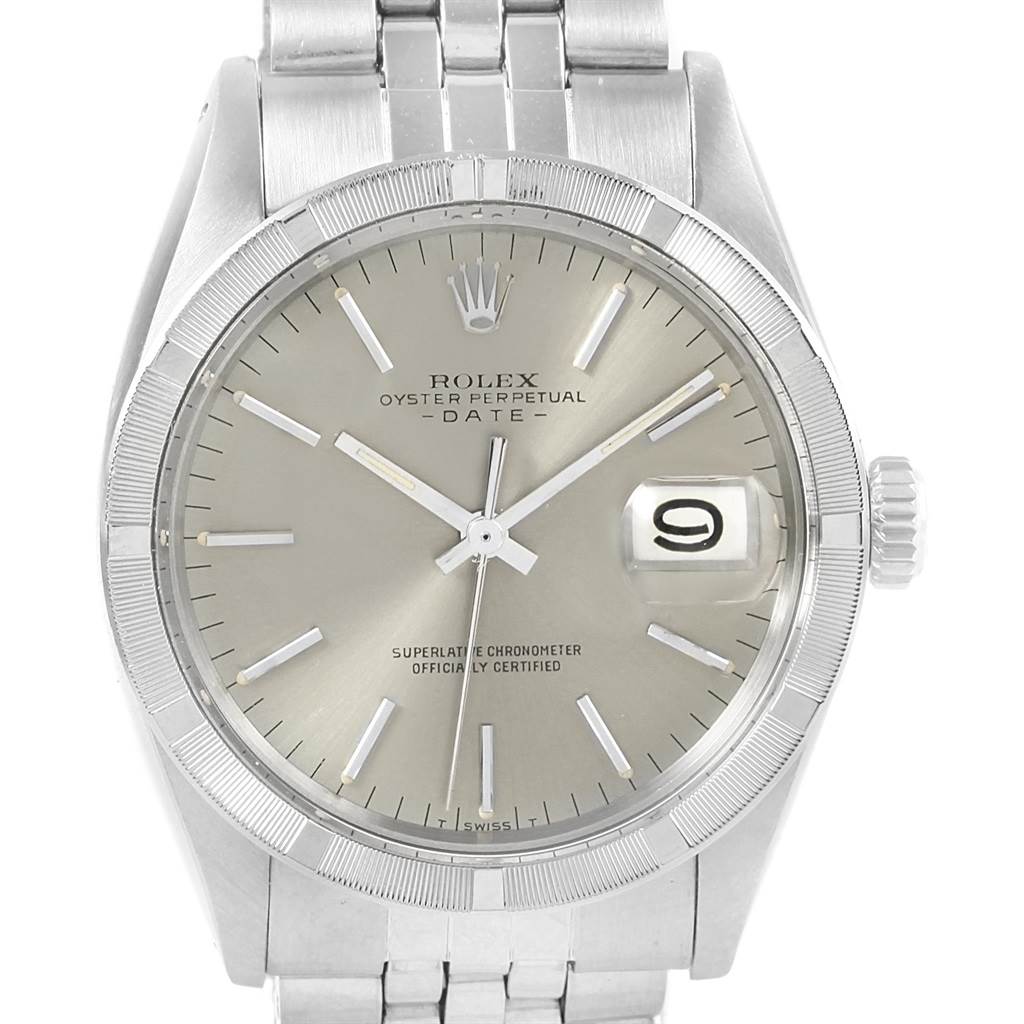 The image shows a frontal view of a Rolex Vintage Collection 1501 Stainless Steel Silver Dial 1501 Stainless Steel Silver Dial Oyster Perpetual Date watch, highlighting the dial, hands, and date window.