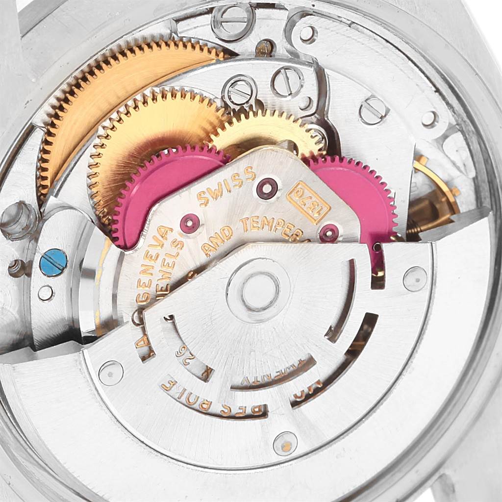 This is a close-up view of the internal mechanical components of a Rolex Vintage Collection 1501 Men's Stainless Steel Silver Dial 1501 Men's Stainless Steel Silver Dial watch.