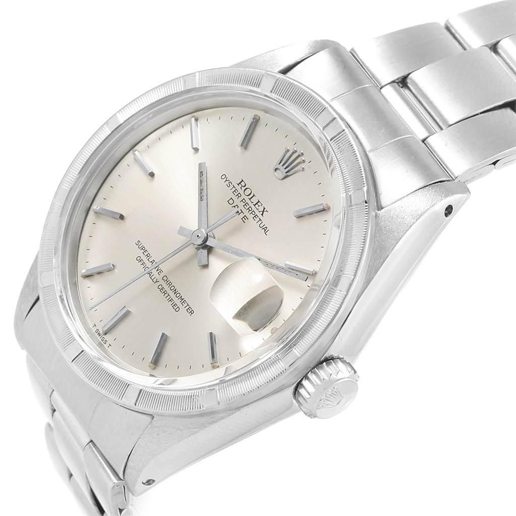 The image shows a Rolex Vintage Collection 1501 Men's Stainless Steel Silver Dial 1501 Men's Stainless Steel Silver Dial watch at an angle highlighting its face, bezel, crown, and part of the bracelet.