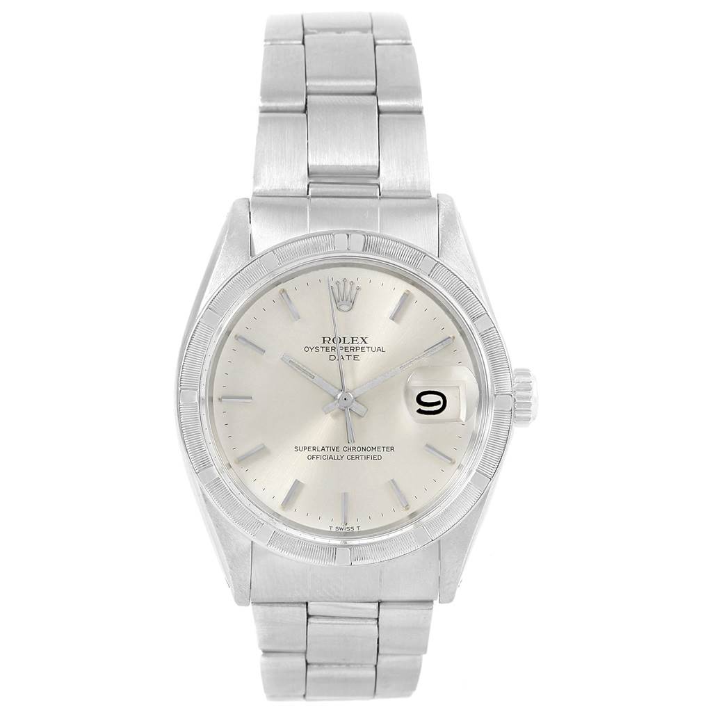 This image shows a frontal view of the Vintage Collection Rolex Oyster Perpetual Date watch with its bracelet and dial clearly visible.