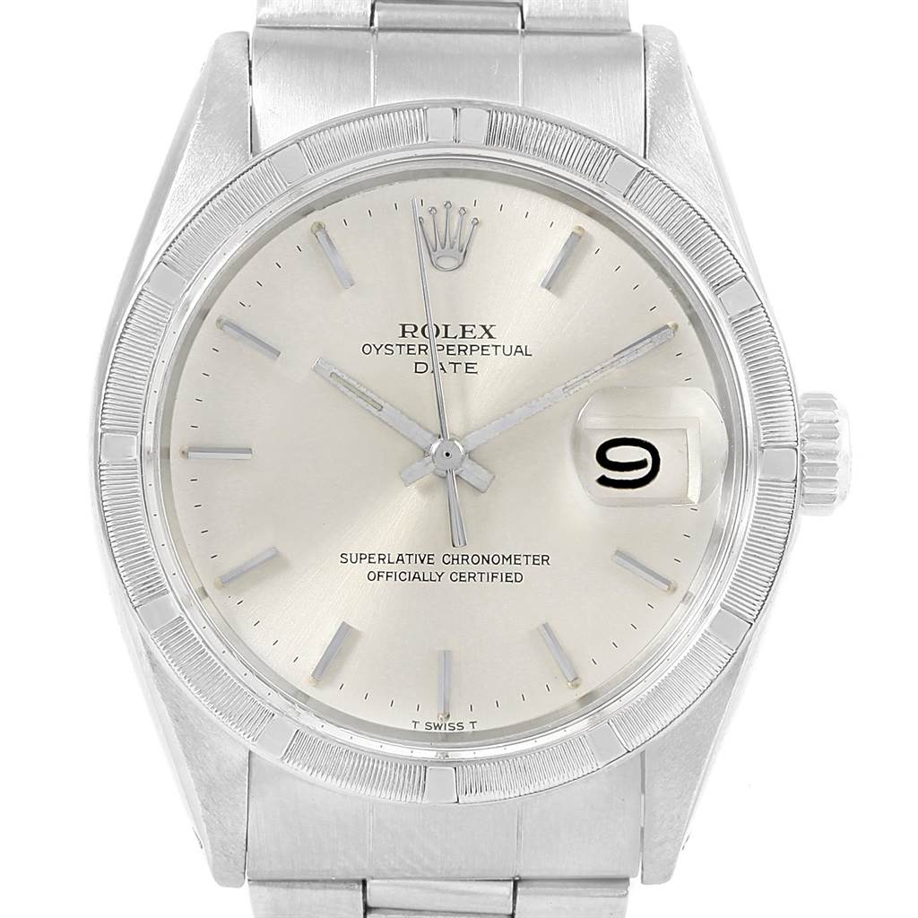 The image shows a front-facing view of a Rolex Vintage Collection 1501 Men's Stainless Steel Silver Dial 1501 Men's Stainless Steel Silver Dial model watch, highlighting its dial, bezel, crown, and bracelet.