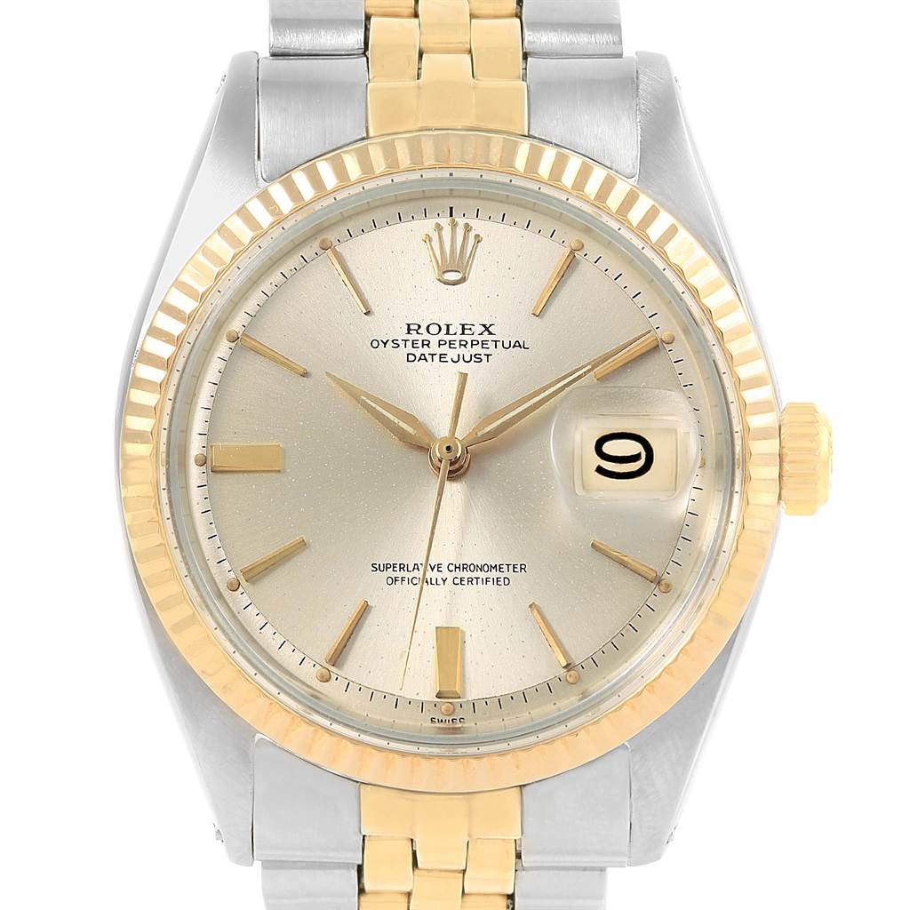 This image shows the face and bracelet of the Rolex Vintage Collection 1601 Men's Steel and Gold (two tone) Silver Dial 1601 Men's Steel and Gold (two tone) Silver Dial Datejust, featuring gold and stainless steel elements.