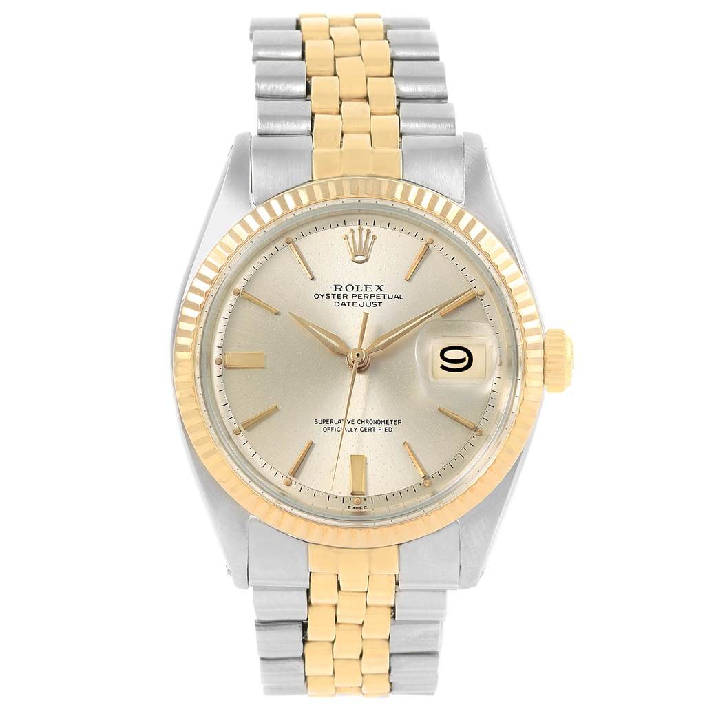 The Rolex Vintage Collection 1601 Men's Steel and Gold (two tone) Silver Dial 1601 Men's Steel and Gold (two tone) Silver Dial watch is shown from the front, displaying its dial, bezel, and two-tone bracelet.