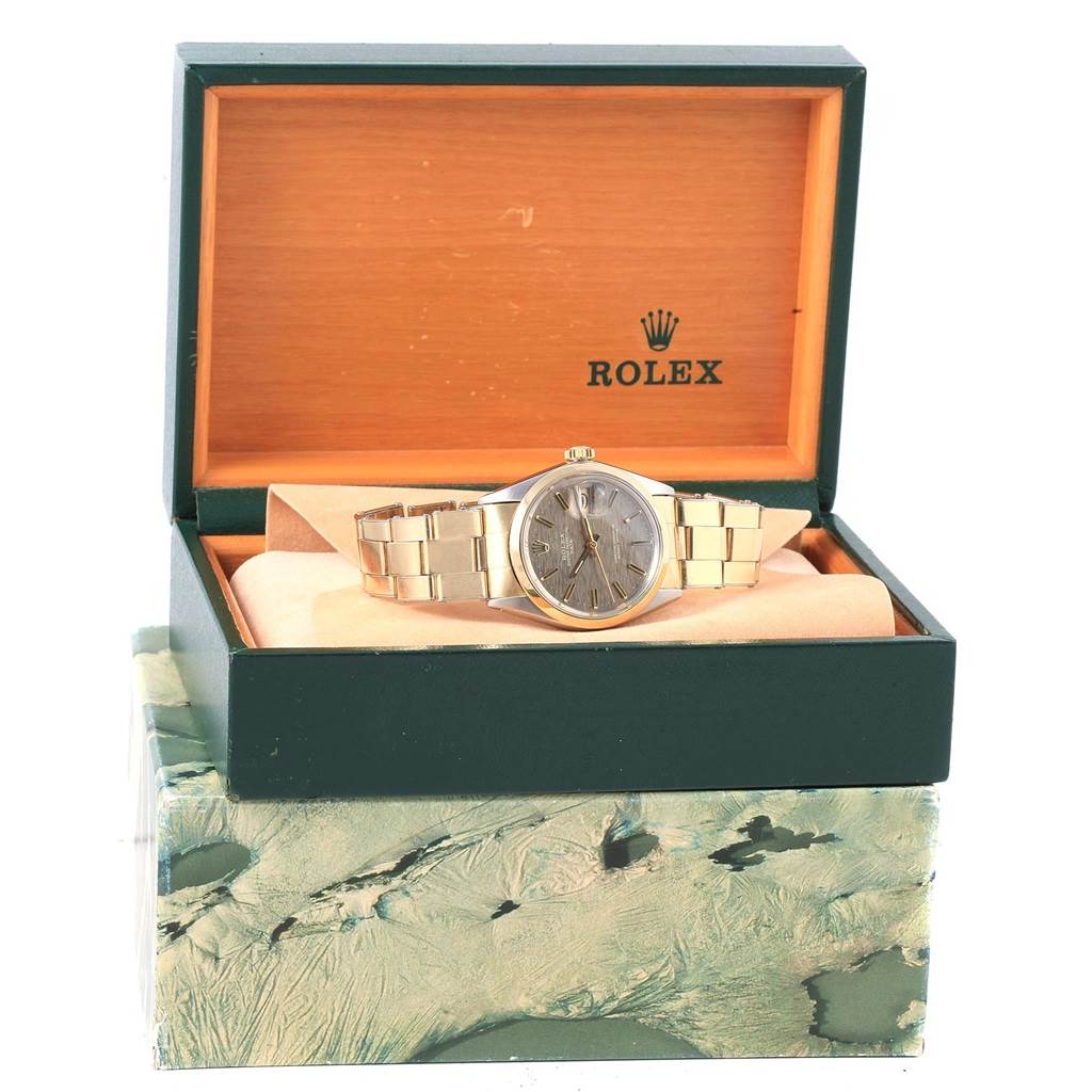 The image shows a Rolex Vintage Collection 1500 Men's Stainless Steel Brown Dial 1500 Men's Stainless Steel Brown Dial watch displayed in its open box, viewed from the front.
