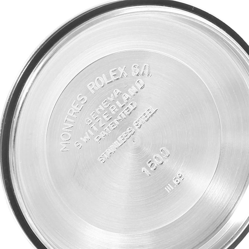 The image shows the inner caseback of a Rolex Vintage Collection 1500 Men's Stainless Steel Brown Dial 1500 Men's Stainless Steel Brown Dial model, engraved with model information and specifications.