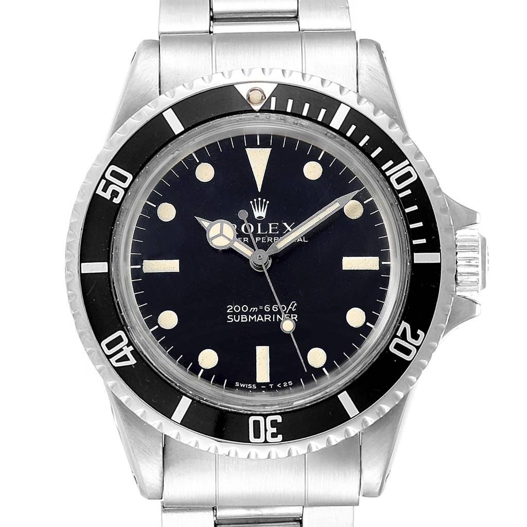 The Rolex Vintage Collection 5513 Men
s Stainless Steel Black Dial 5513 Men
s Stainless Steel Black Dial model watch is shown from a front angle, highlighting the dial, bezel, and part of the bracelet.