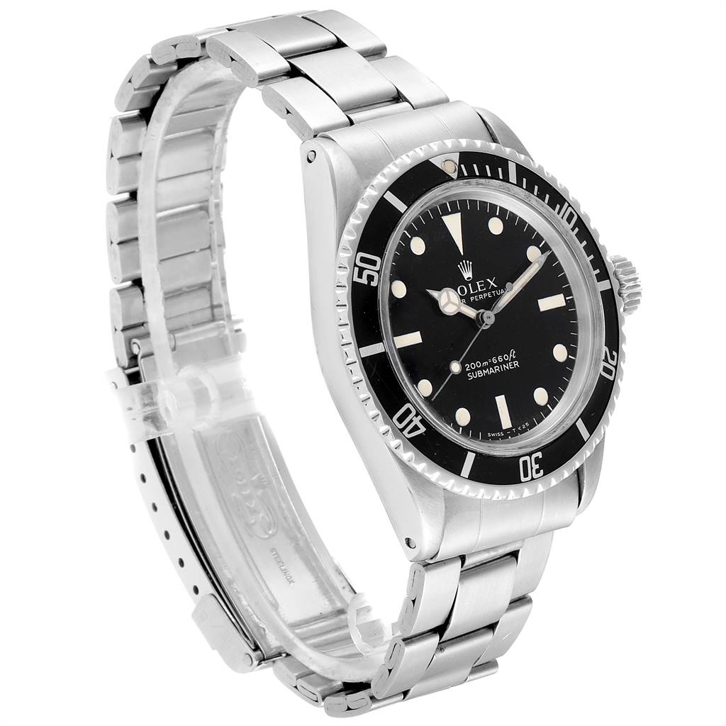 The Rolex Vintage Collection 5513 Men
s Stainless Steel Black Dial 5513 Men
s Stainless Steel Black Dial model watch is shown at a side angle, displaying its face, bezel, crown, and bracelet.