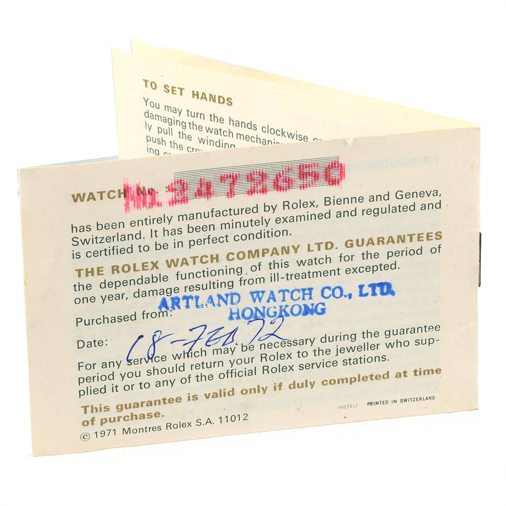 This image shows a guarantee card and instruction booklet for the Vintage Collection model by Rolex.