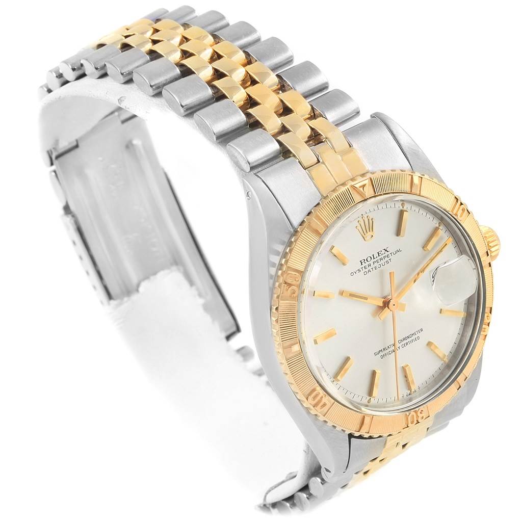 The image shows a Rolex Vintage Collection 1625 Men's Steel and Gold (two tone) Silver Dial 1625 Men's Steel and Gold (two tone) Silver Dial watch at a three-quarter angle, highlighting the face, bezel, and two-tone metal bracelet.