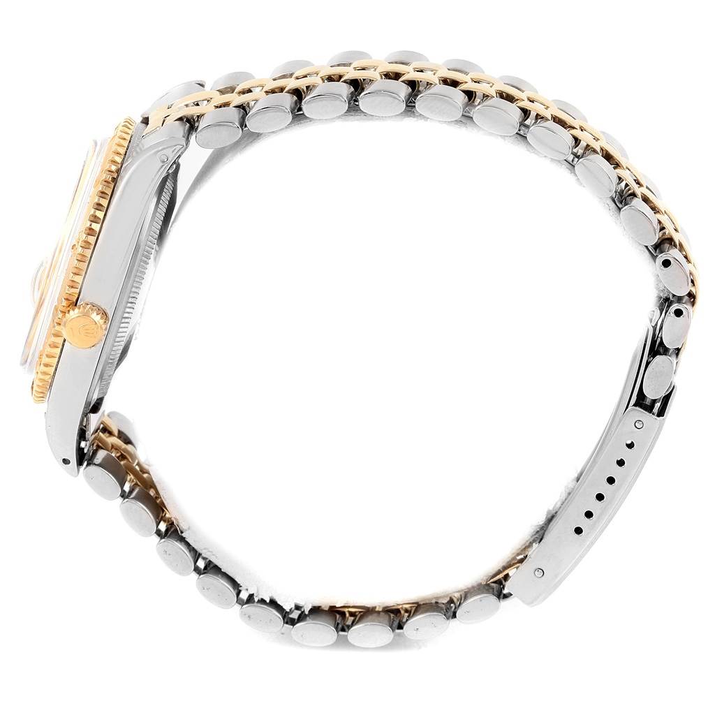 The Rolex Vintage Collection 1625 Men's Steel and Gold (two tone) Silver Dial 1625 Men's Steel and Gold (two tone) Silver Dial watch is shown from a side angle, highlighting the case, bezel, crown, and bracelet.