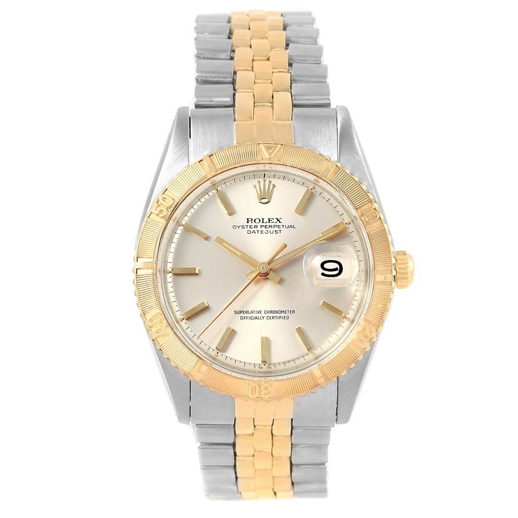 This image shows a frontal view of a Rolex Vintage Collection 1625 Men's Steel and Gold (two tone) Silver Dial 1625 Men's Steel and Gold (two tone) Silver Dial Oyster Perpetual Datejust watch with a two-tone band and a gold bezel.