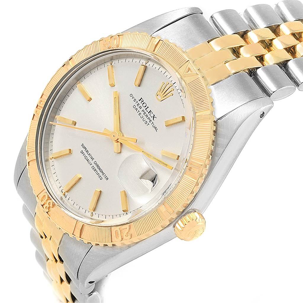 The image shows a Rolex Vintage Collection 1625 Men's Steel and Gold (two tone) Silver Dial 1625 Men's Steel and Gold (two tone) Silver Dial watch from a slight side angle, highlighting the dial, bezel, crown, and part of the bracelet.