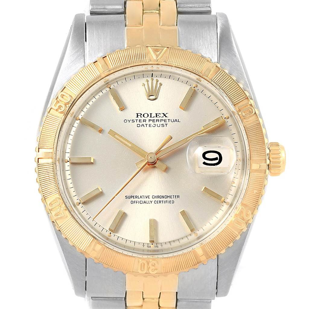 The image shows a front view of the Rolex Vintage Collection 1625 Men's Steel and Gold (two tone) Silver Dial 1625 Men's Steel and Gold (two tone) Silver Dial model, highlighting its face, bezel, and part of the bracelet.