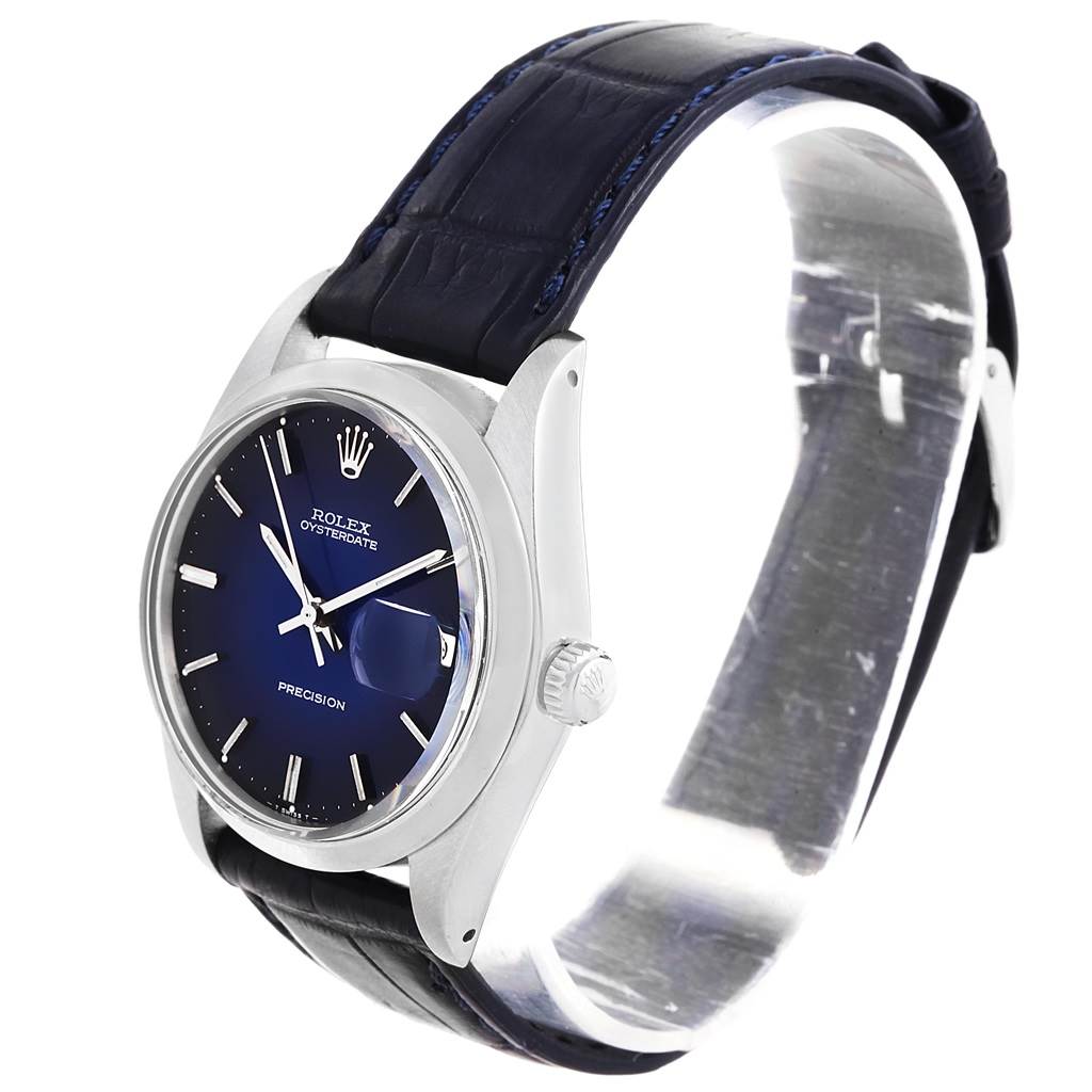 The Rolex Vintage Collection 6694 Men's Stainless Steel Blue Dial 6694 Men's Stainless Steel Blue Dial model watch is shown at a slight side angle, featuring its dial, case, crown, and strap.