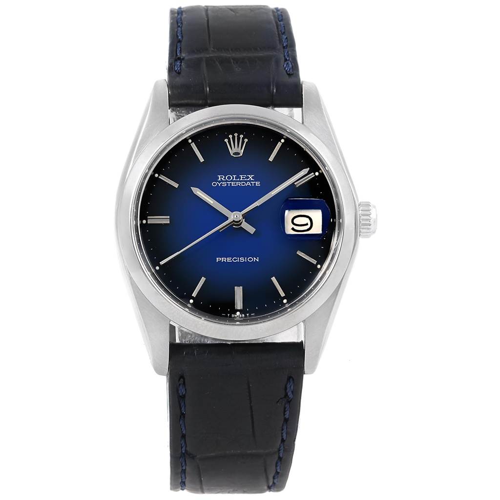 The image shows a front view of the Rolex Vintage Collection 6694 Men's Stainless Steel Blue Dial 6694 Men's Stainless Steel Blue Dial watch, displaying the face, hour markers, hands, date, and leather strap.
