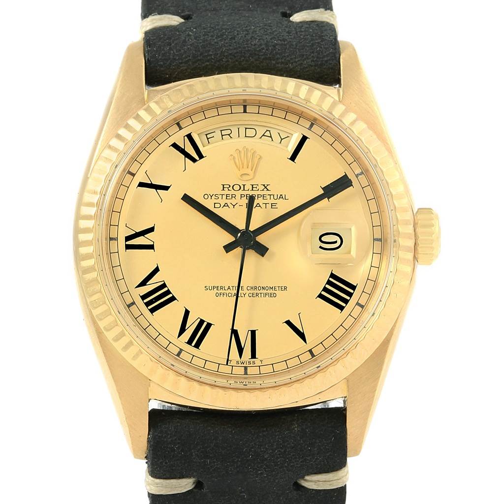 The image shows a front view of the Rolex Vintage Collection 1807 Men's Yellow Gold Champagne Dial 1807 Men's Yellow Gold Champagne Dial watch, highlighting its dial, bezel, and leather strap.