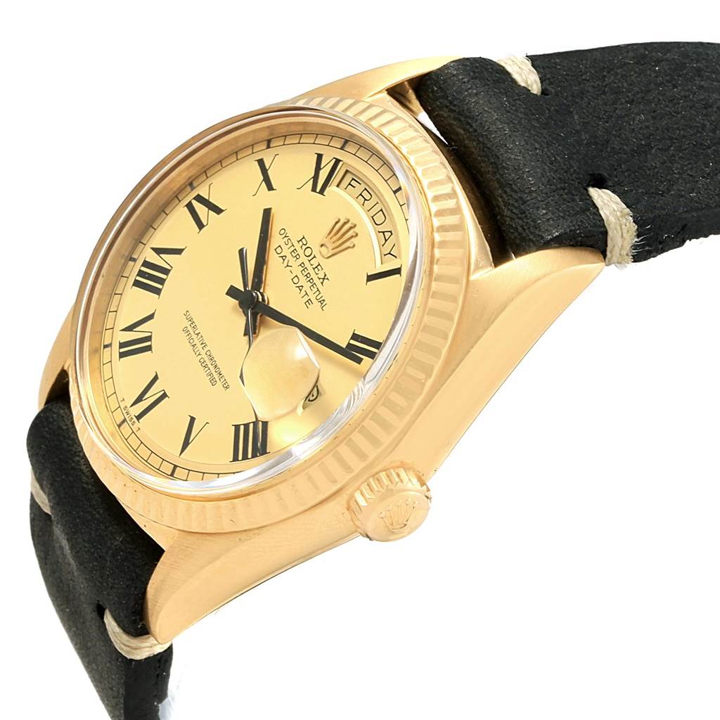 The image shows a Rolex Vintage Collection 1807 Men's Yellow Gold Champagne Dial 1807 Men's Yellow Gold Champagne Dial model from an angled side view, highlighting its bezel, crown, dial, and part of the strap.