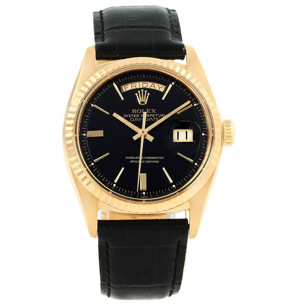 This image shows a frontal view of the Rolex Vintage Collection 1803 Men's Yellow Gold Black Dial 1803 Men's Yellow Gold Black Dial model, displaying the face, bezel, crown, and leather strap.