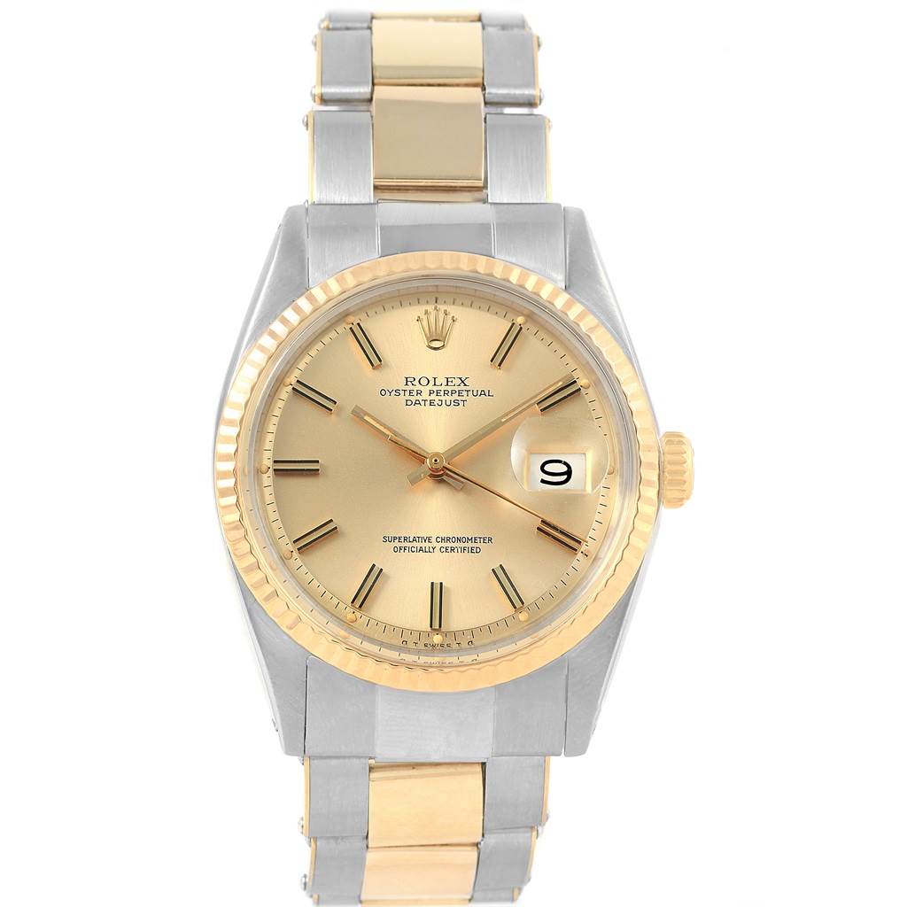 This image shows a front view of the Rolex Vintage Collection 1603 Men's Steel and Gold (two tone) Champagne Dial 1603 Men's Steel and Gold (two tone) Champagne Dial watch, highlighting its face, bezel, and bracelet.