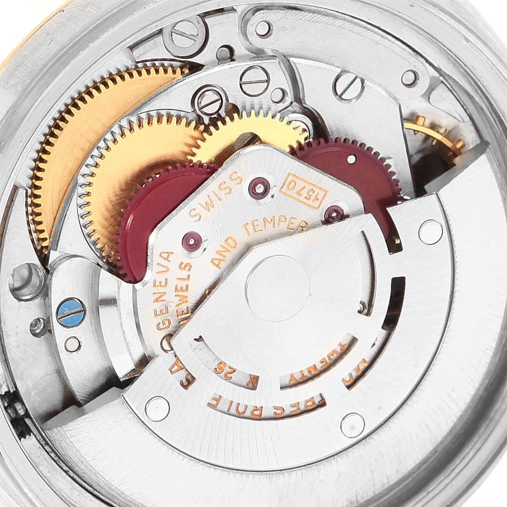 The image shows a close-up of the movement mechanism inside the Rolex Vintage Collection 1603 Men's Steel and Gold (two tone) Champagne Dial 1603 Men's Steel and Gold (two tone) Champagne Dial model watch.