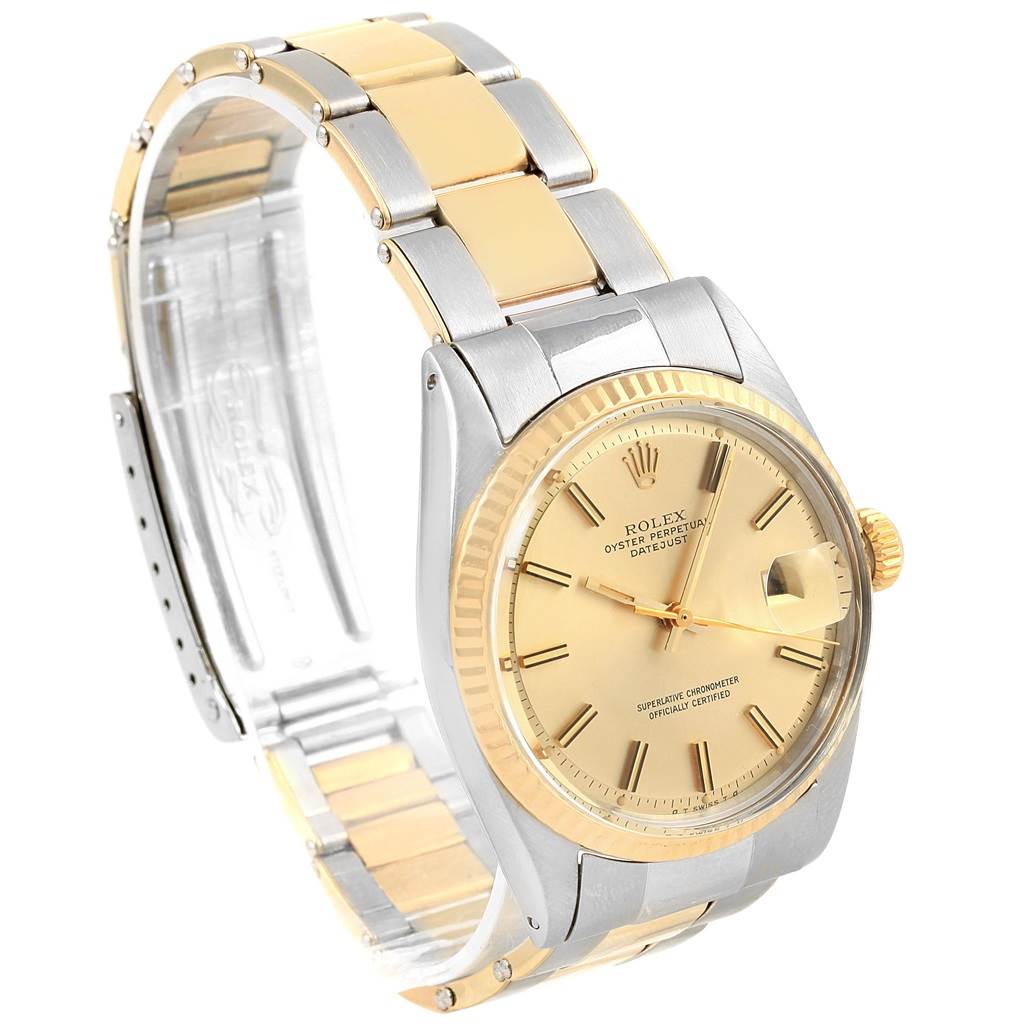 The image shows a side angle view of a Rolex Vintage Collection 1603 Men's Steel and Gold (two tone) Champagne Dial 1603 Men's Steel and Gold (two tone) Champagne Dial watch, highlighting the band, case, and dial.