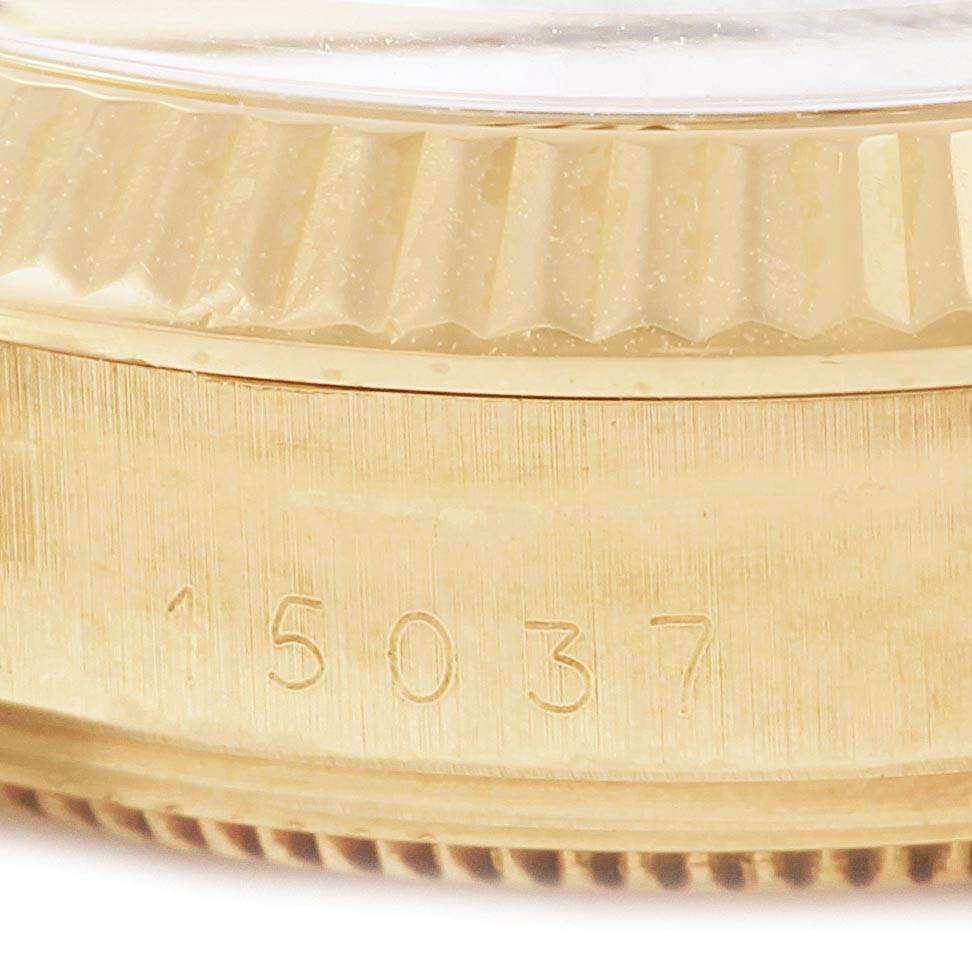 The image shows a close-up of the side of a Rolex Vintage Collection 15037 Men's Yellow Gold Champagne Dial 15037 Men's Yellow Gold Champagne Dial watch, highlighting the case and model number 15037.