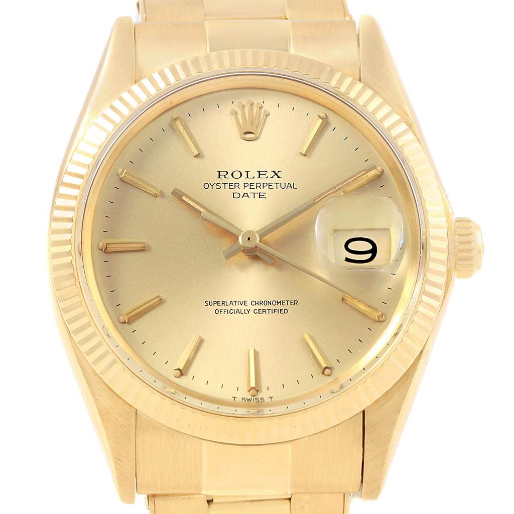 This image shows a Rolex Vintage Collection 1503 Men's Yellow Gold Champagne Dial 1503 Men's Yellow Gold Champagne Dial Oyster Perpetual Date watch from the front, highlighting the dial, hands, date window, and bracelet.