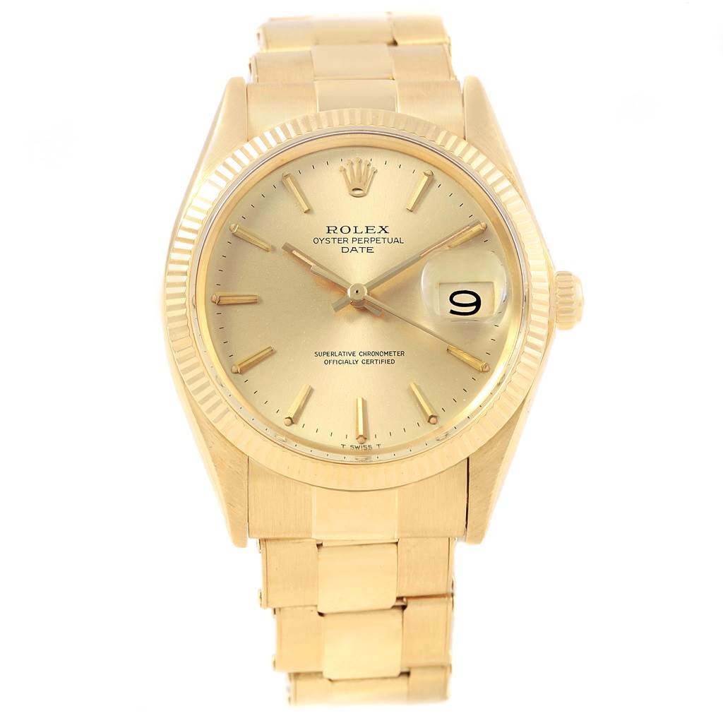 The image shows a front view of a Vintage Collection Rolex Oyster Perpetual Date watch, highlighting the dial, hands, date window, and bracelet.