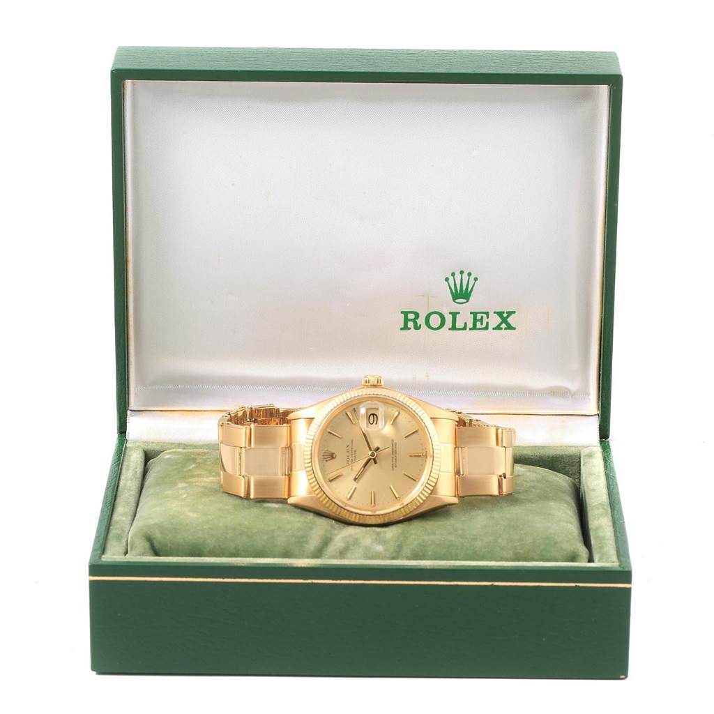 This image shows a front view of the Rolex Vintage Collection 1503 Men's Yellow Gold Champagne Dial 1503 Men's Yellow Gold Champagne Dial watch inside its open box.