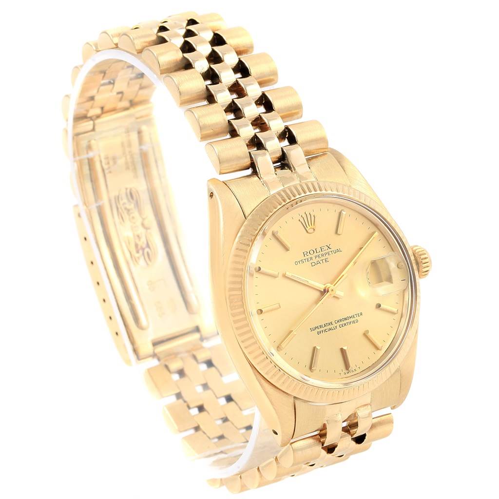 The image shows a Rolex Vintage Collection 1503 Men's Yellow Gold Champagne Dial 1503 Men's Yellow Gold Champagne Dial model watch at an angle displaying its face, dial, and metal bracelet.
