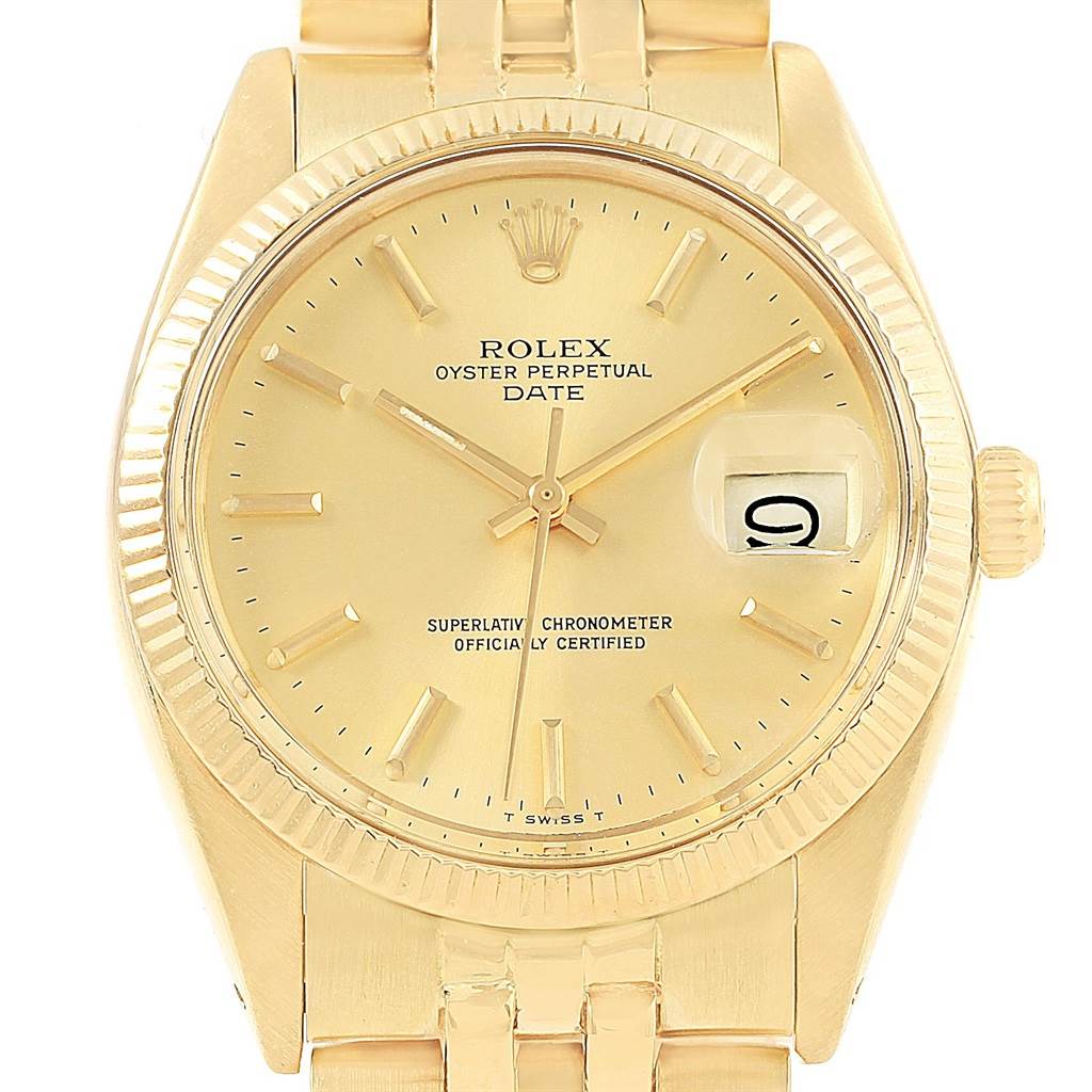 This image shows a front view of a Rolex Vintage Collection 1503 Men's Yellow Gold Champagne Dial 1503 Men's Yellow Gold Champagne Dial Oyster Perpetual Date watch, highlighting the face, bezel, and part of the bracelet.
