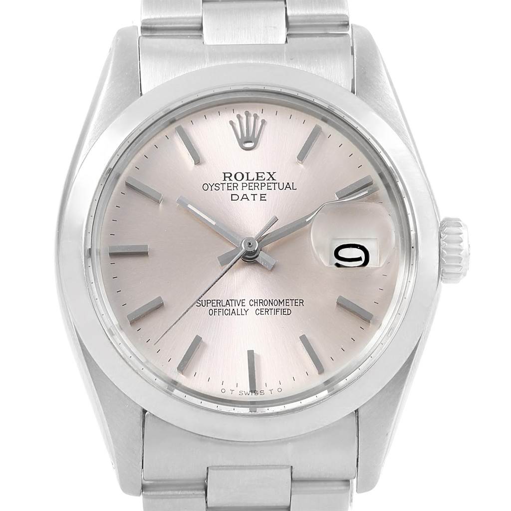 The image shows a close-up of the Rolex Vintage Collection 1501 Men's Stainless Steel Silver Dial 1501 Men's Stainless Steel Silver Dial Oyster Perpetual Date watch, focusing on the dial and date indicator.
