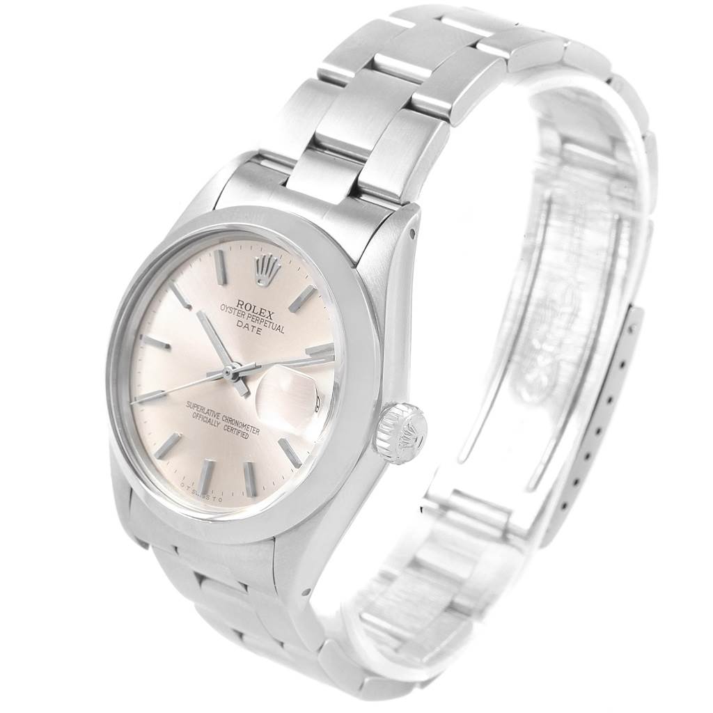 The image shows the front and side angle of a Rolex Vintage Collection 1501 Men's Stainless Steel Silver Dial 1501 Men's Stainless Steel Silver Dial watch displaying the dial, case, crown, and stainless steel bracelet.