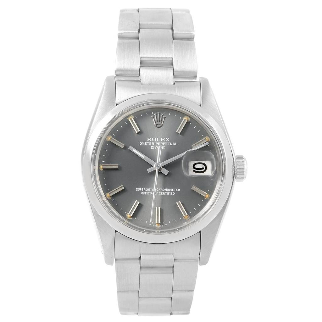 The image shows a Rolex Vintage Collection 1500 Men's Stainless Steel Grey Dial 1500 Men's Stainless Steel Grey Dial model watch from a front angle, highlighting the dial, bracelet, and date window.