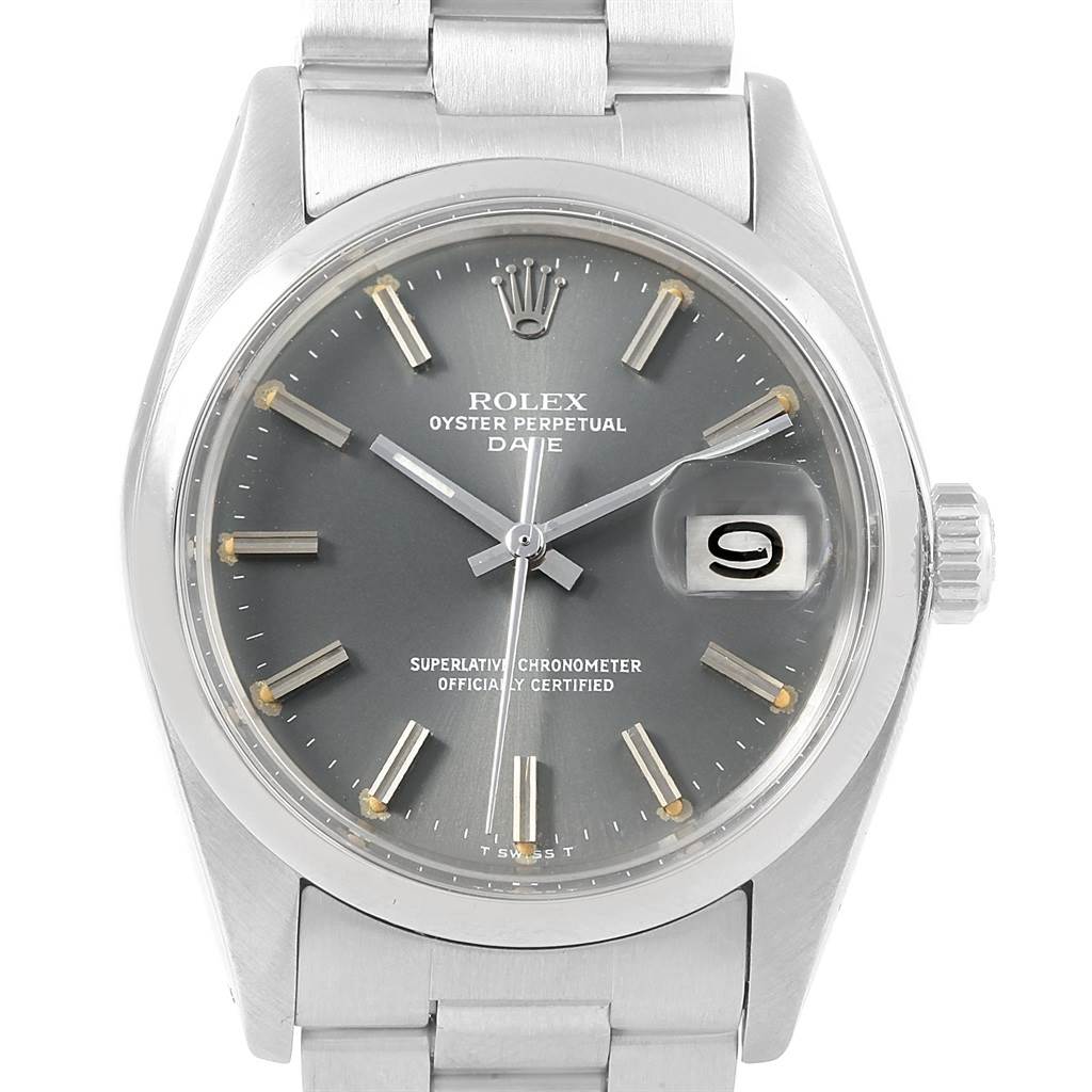 The image shows a frontal view of the Rolex Vintage Collection 1500 Men's Stainless Steel Grey Dial 1500 Men's Stainless Steel Grey Dial Oyster Perpetual Date watch, highlighting the dial, hands, crown, and bracelet.