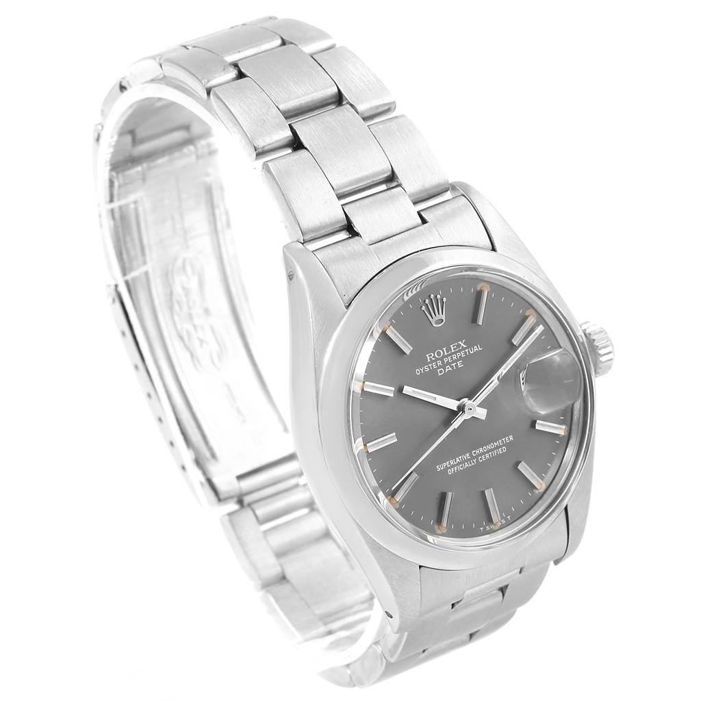 This image shows a Rolex Vintage Collection 1500 Men's Stainless Steel Grey Dial 1500 Men's Stainless Steel Grey Dial watch angled to display its face, bezel, and bracelet.