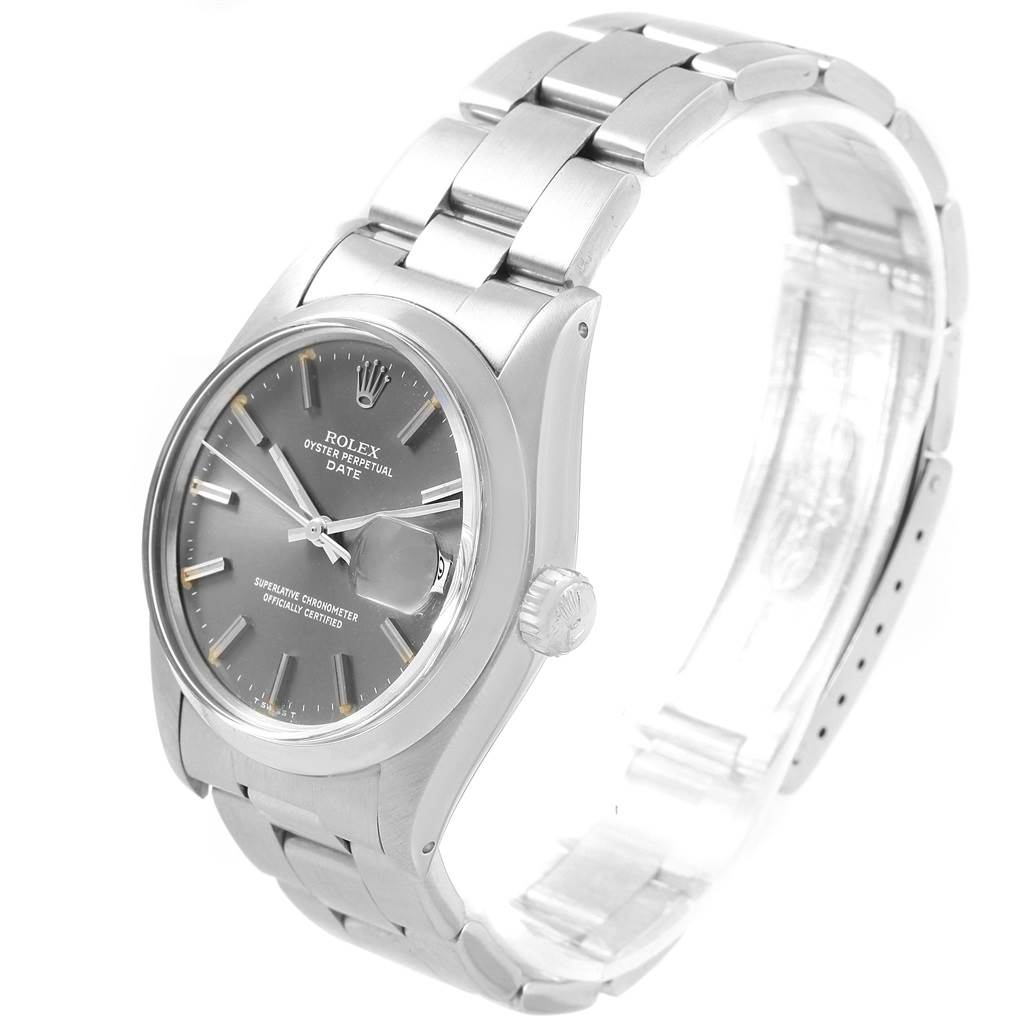 This image shows a side and front view of the Rolex Vintage Collection 1500 Men's Stainless Steel Grey Dial 1500 Men's Stainless Steel Grey Dial model, highlighting the face, bezel, crown, and bracelet.